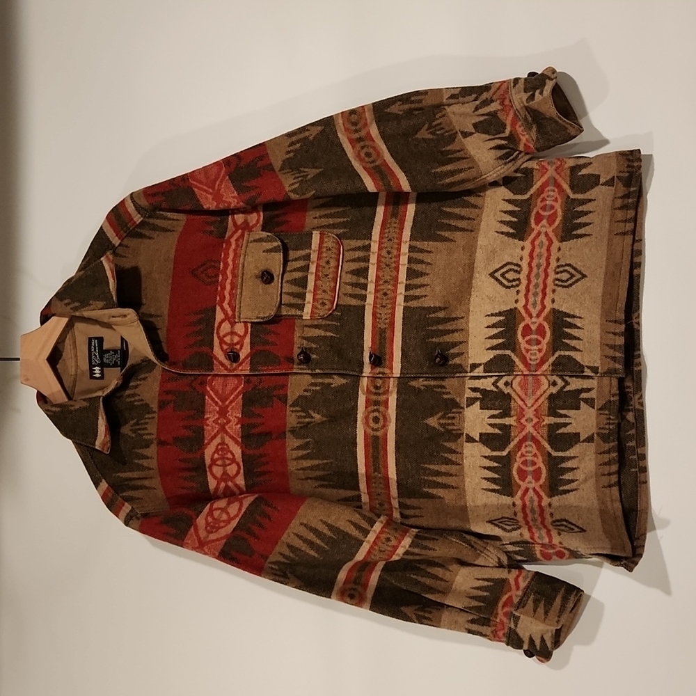 Banana Republic Wool Aztec Print Cabinwear Shacket Shirt Jacket Leather Buttons